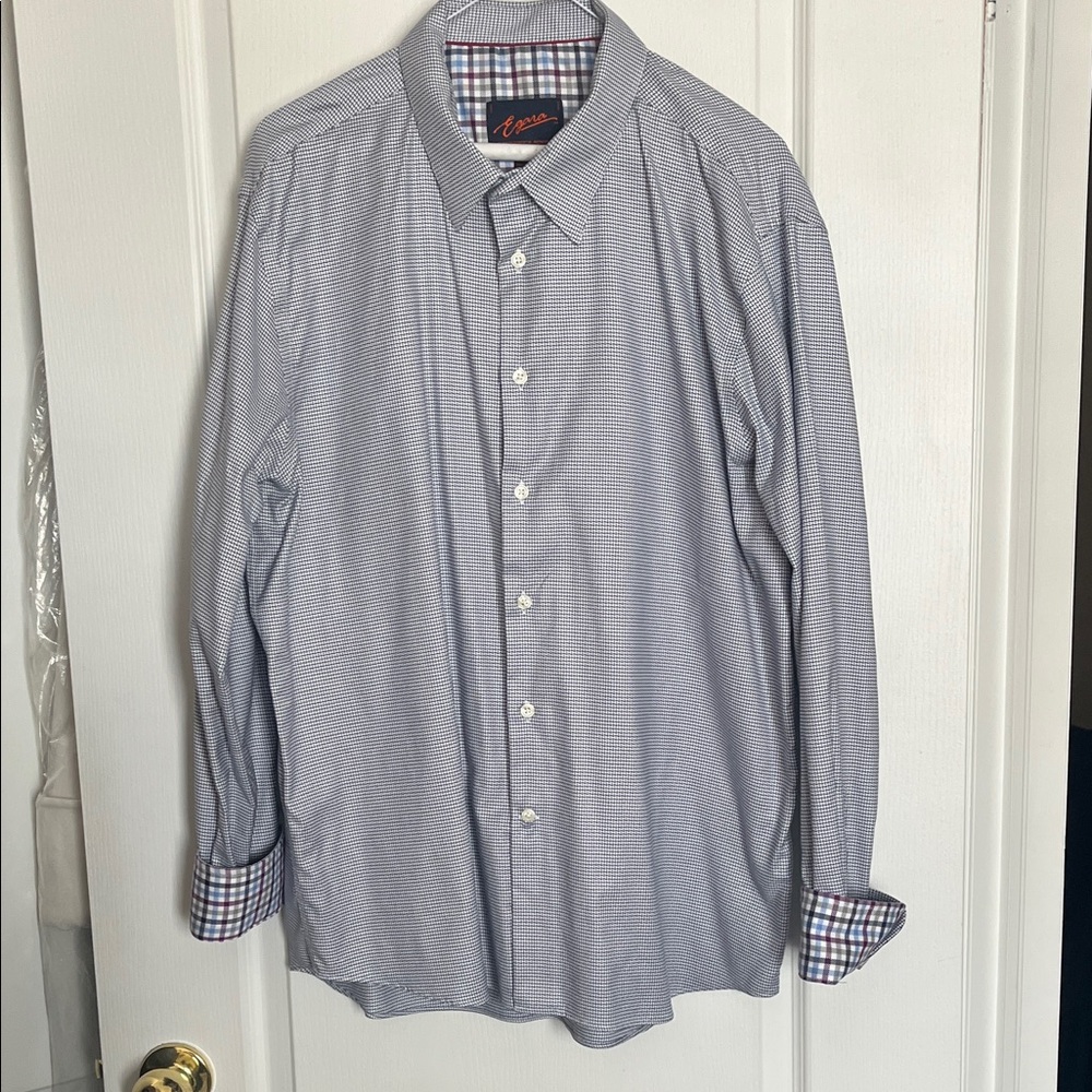 Egara Blue and White Micro-Check Dress Shirt with Plaid Trim